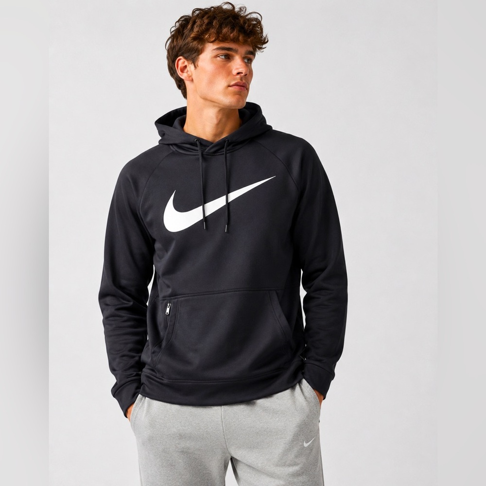 Nike Therma-FIT Hoodie Men’s Large Black Pullover Swoosh Fleece Lined Zip Pocket